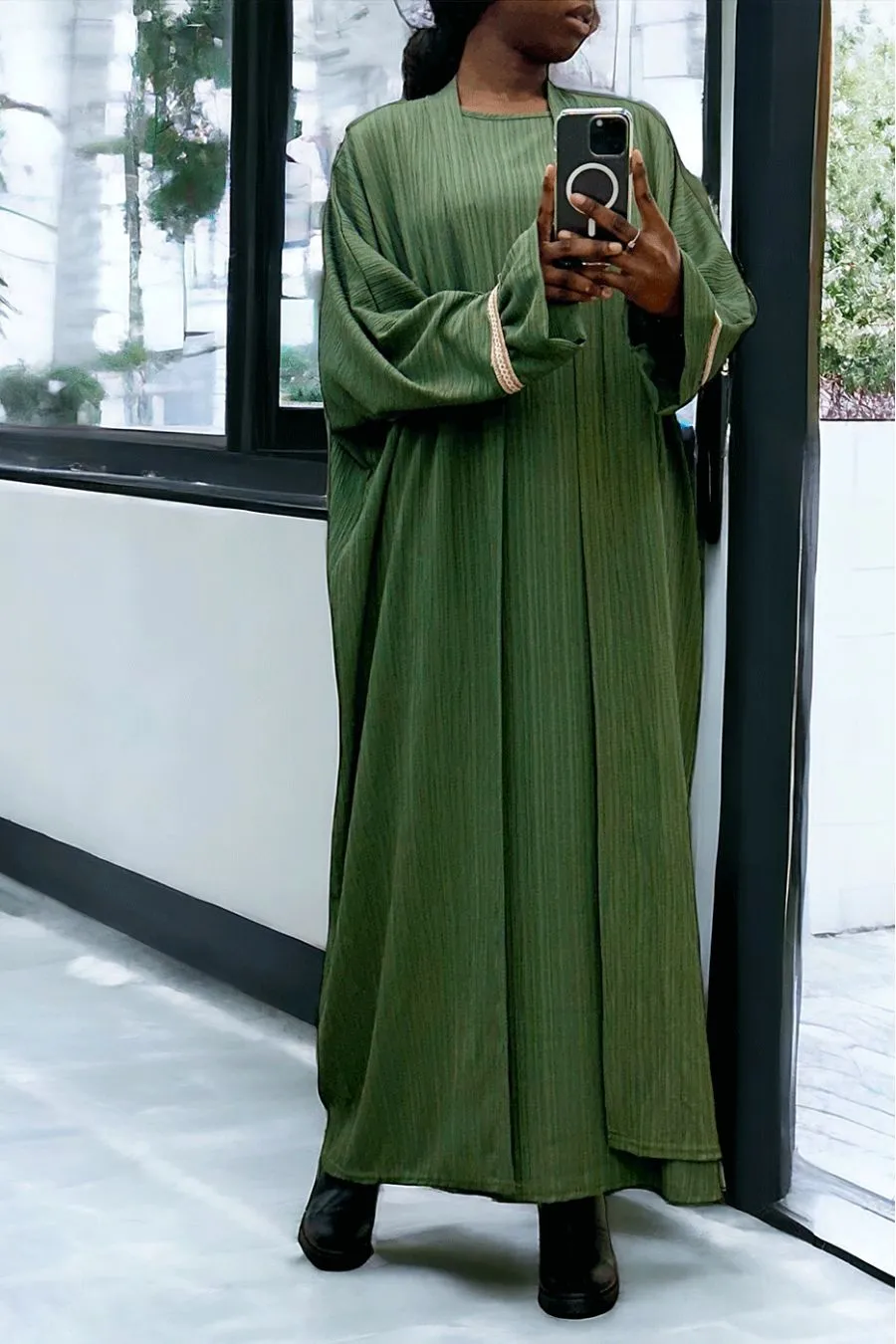 Abaya 2 pièces robe et kimono kaki très class