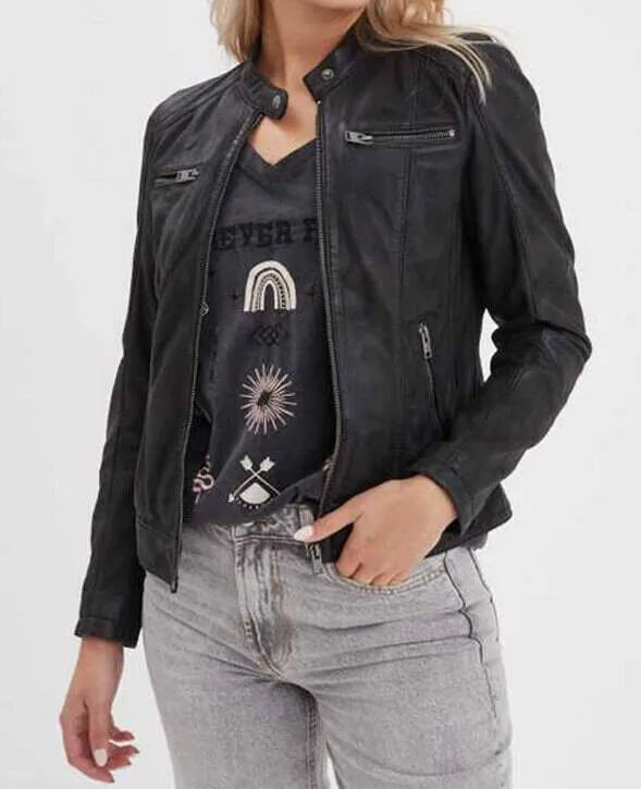 Blouson cuir femme noir style moto Rose Garden