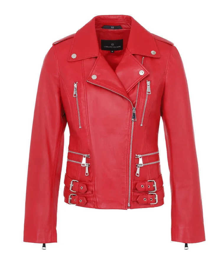 Blouson cuir femme rouge style biker