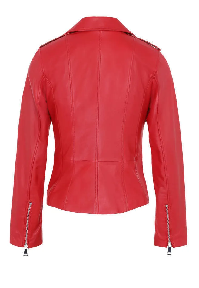 Blouson cuir femme rouge style biker