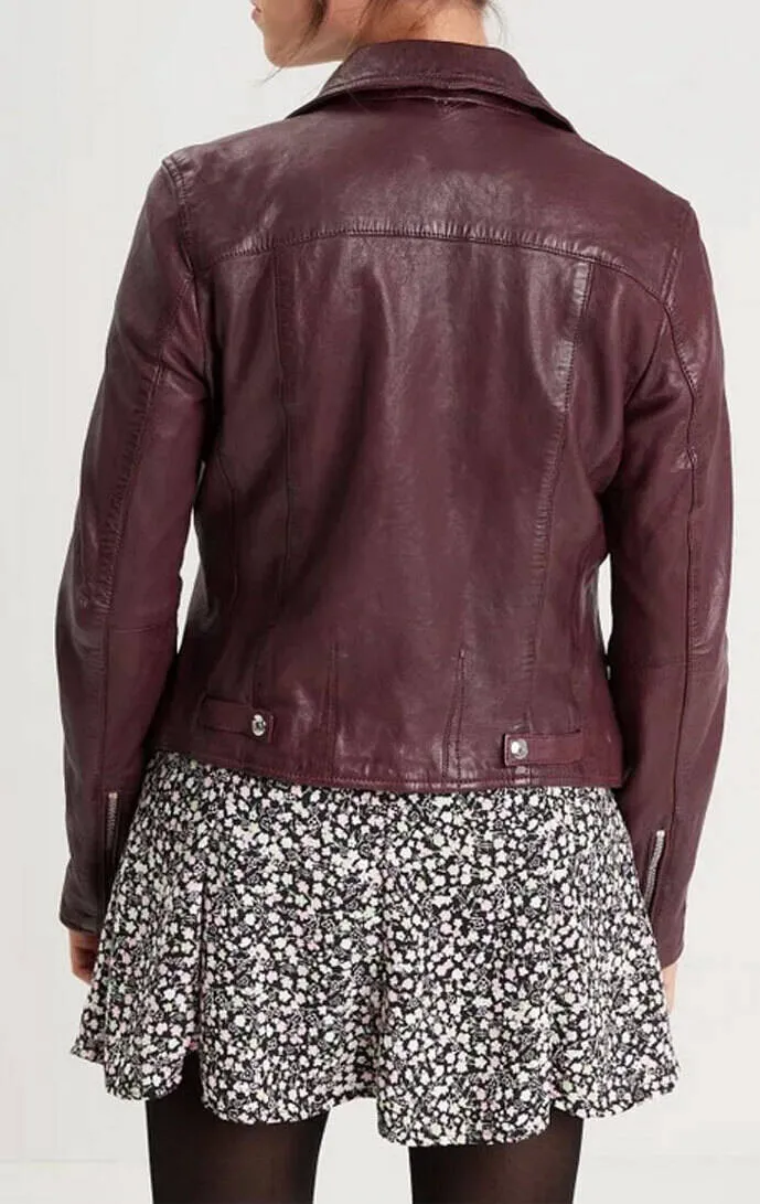 Blouson cuir femme style biker burgundy