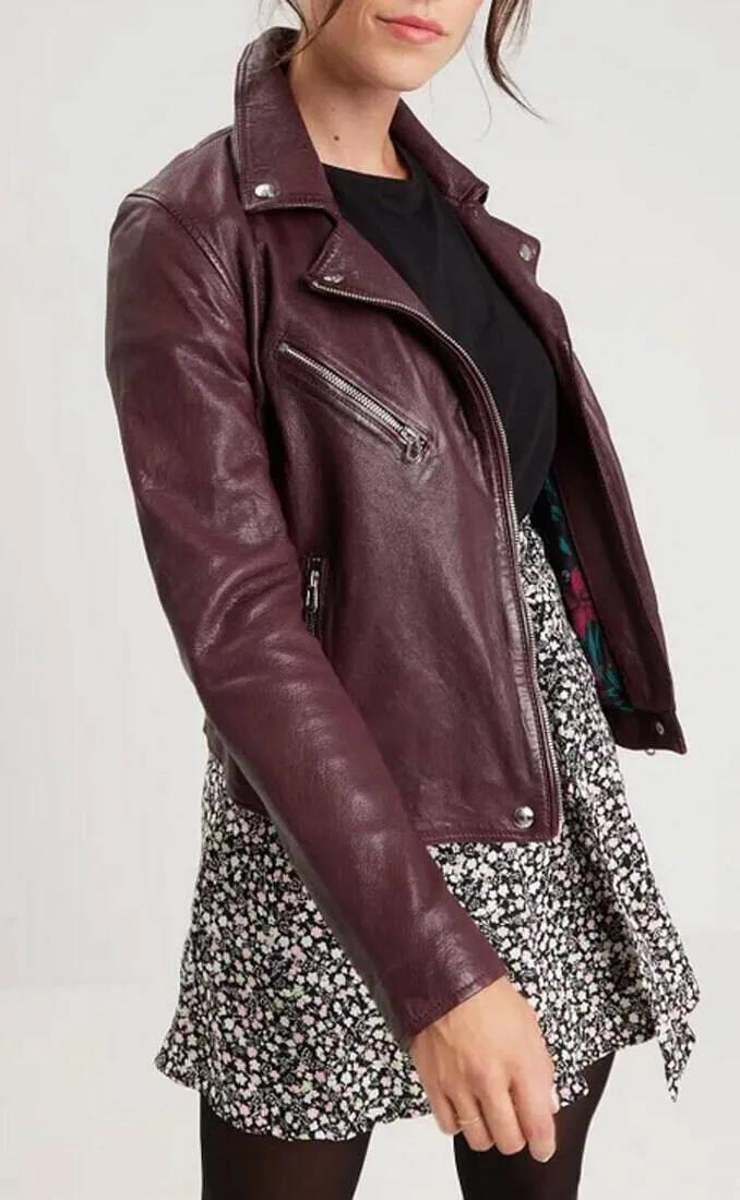 Blouson cuir femme style biker burgundy