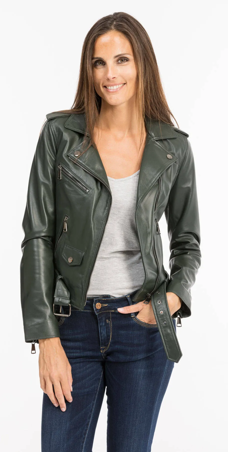 Blouson cuir femme vert foncé style biker