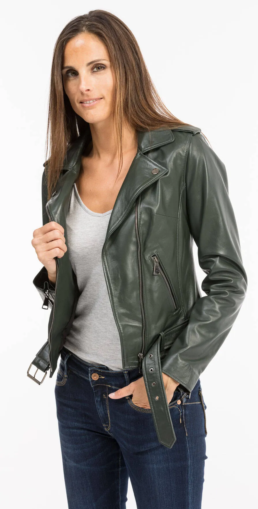 Blouson cuir femme vert foncé style biker