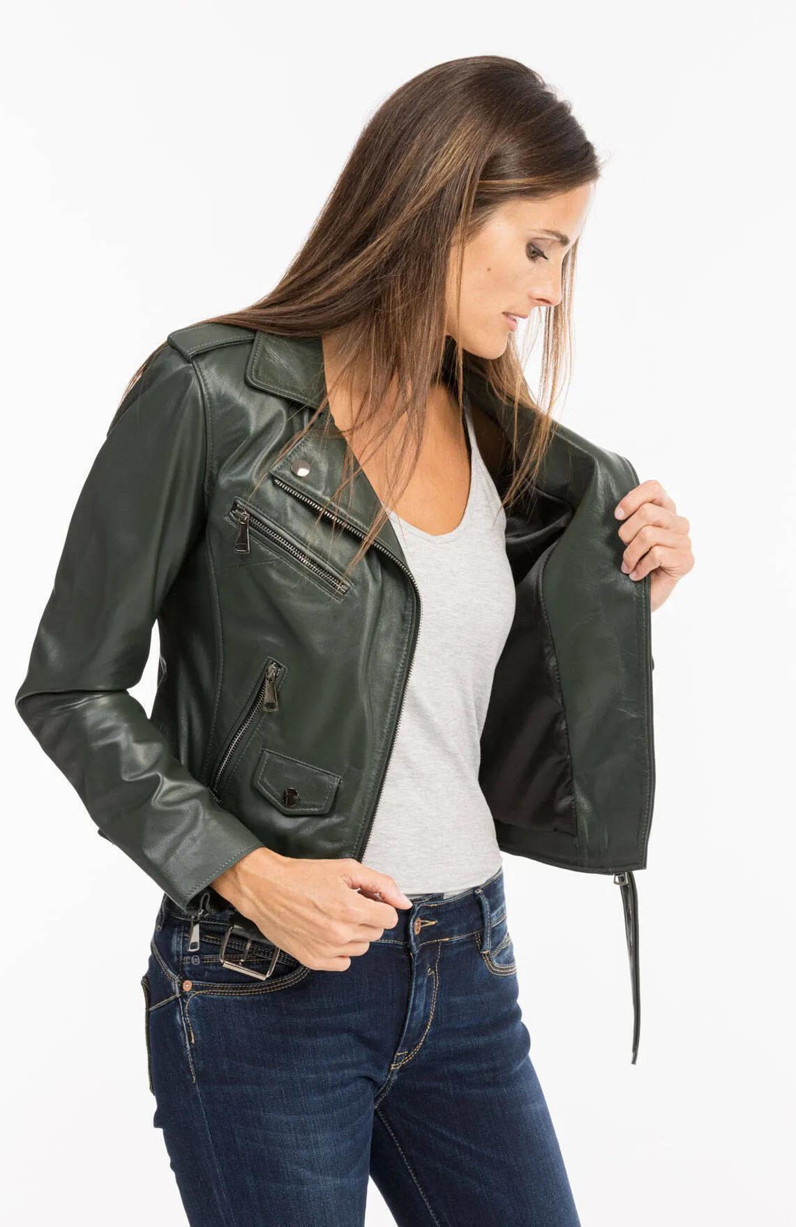 Blouson cuir femme vert foncé style biker