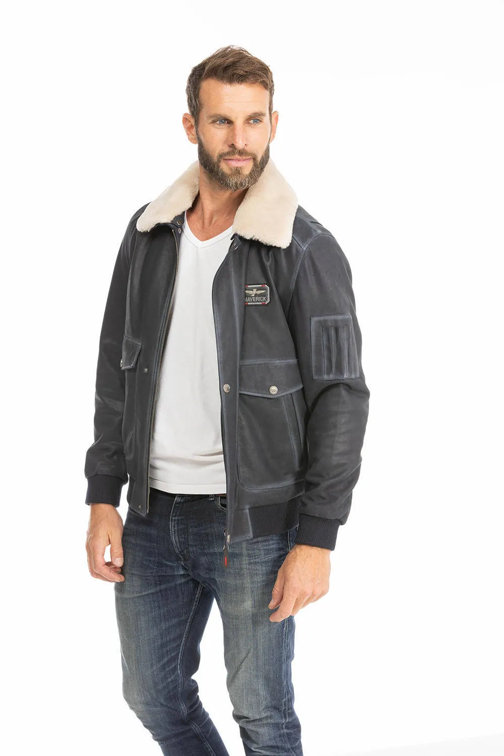 Blouson cuir homme bleu style pilote classique