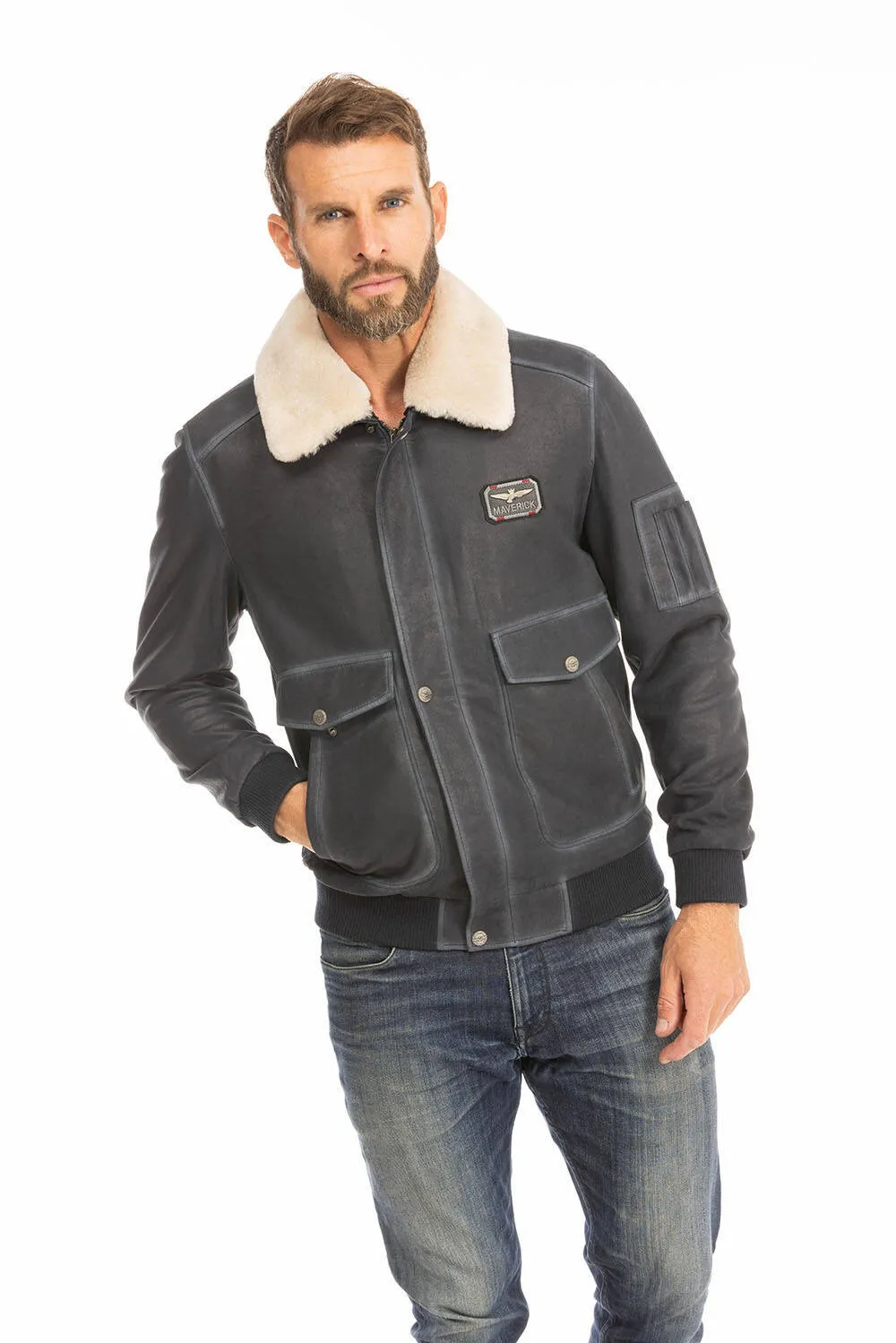 Blouson cuir homme bleu style pilote classique