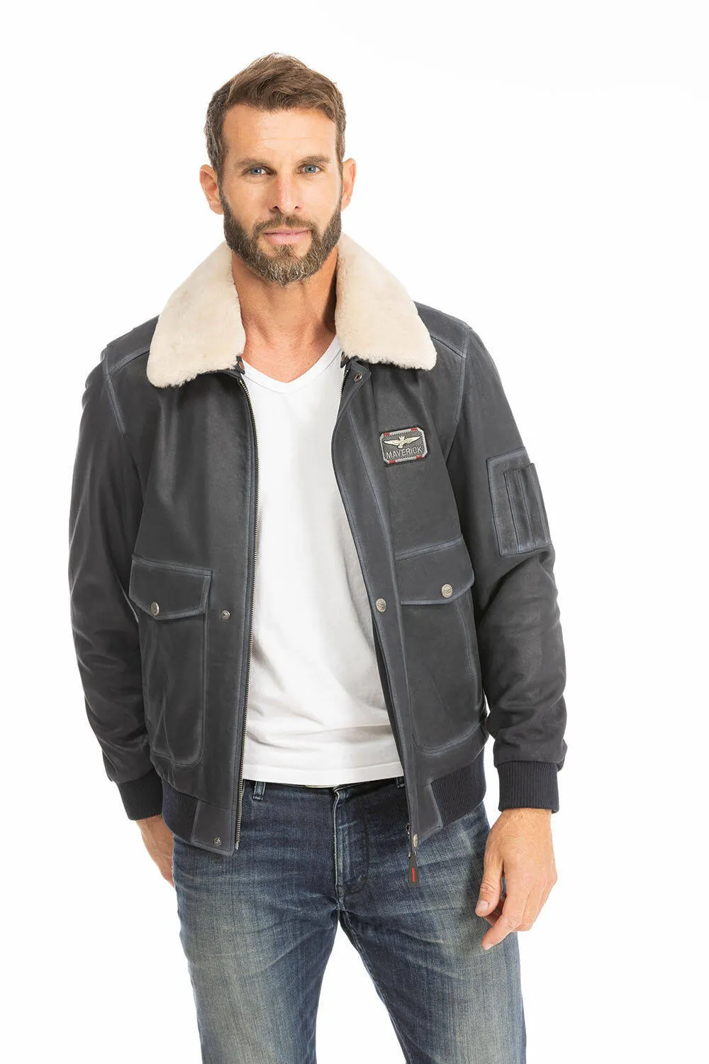 Blouson cuir homme bleu style pilote classique