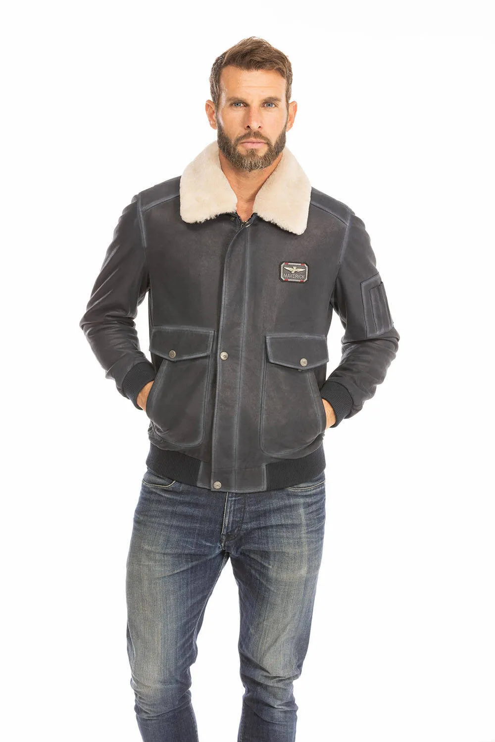 Blouson cuir homme bleu style pilote classique