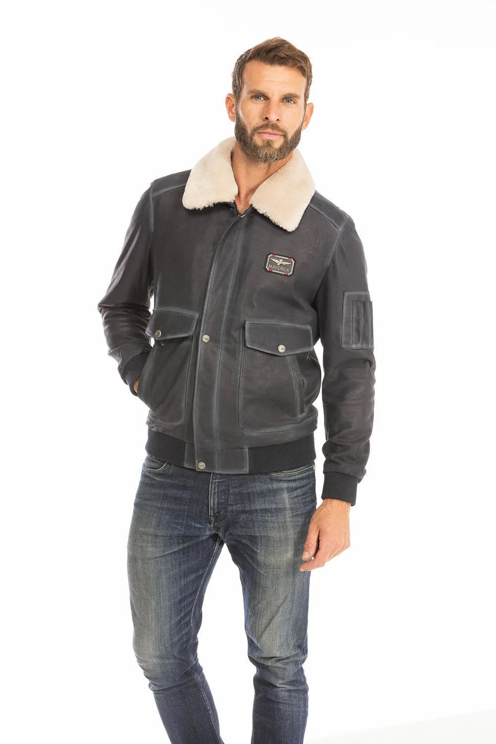 Blouson cuir homme bleu style pilote classique