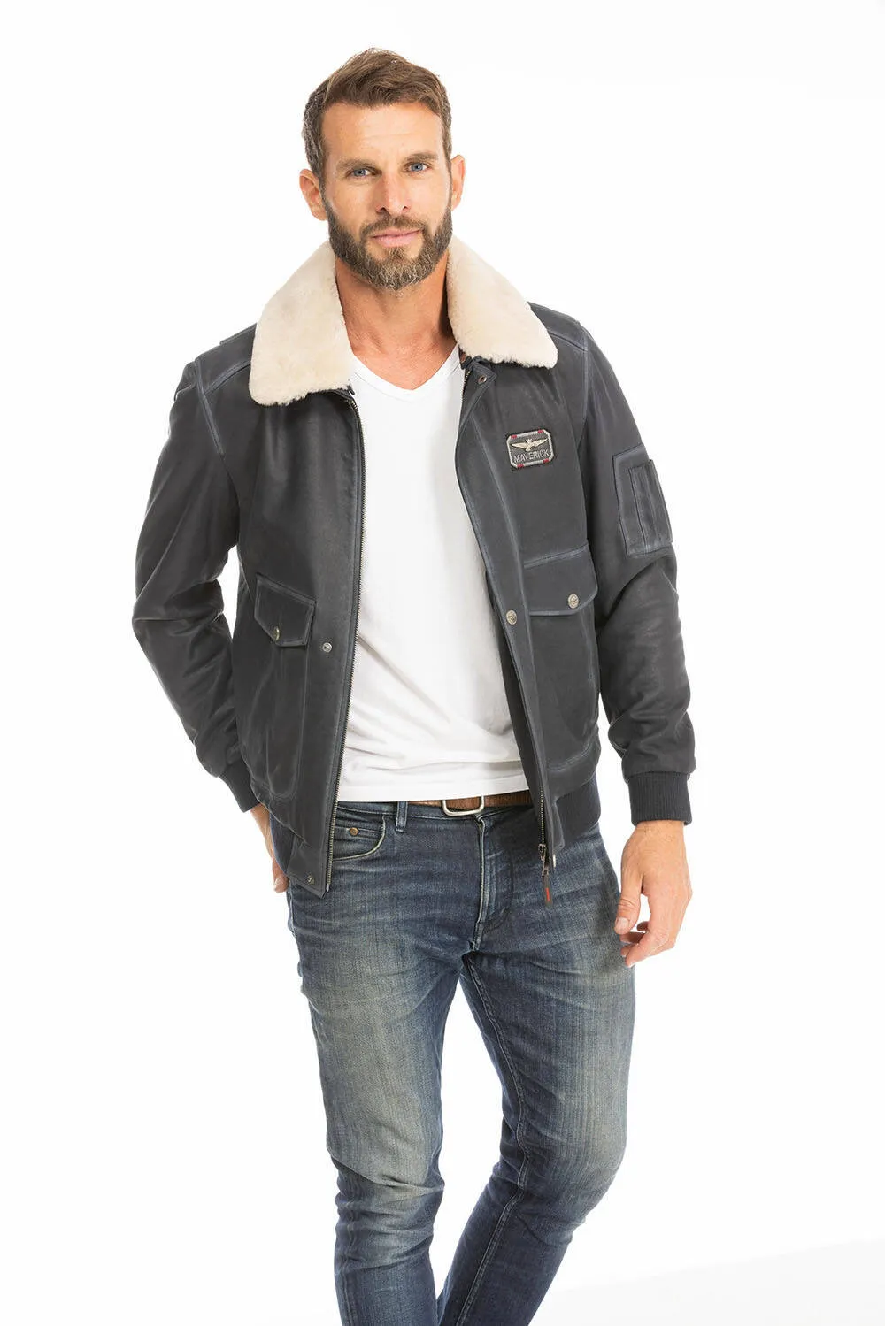 Blouson cuir homme bleu style pilote classique