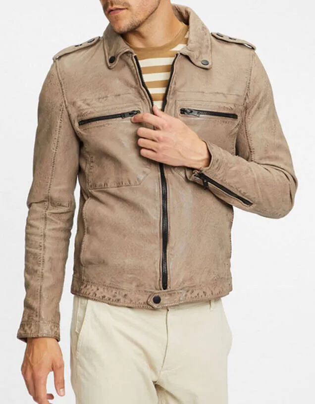 Blouson cuir homme light grey