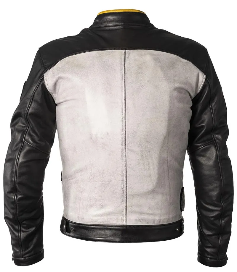 Blouson Helstons Indy cuir noir blanc jaune, moto vintage