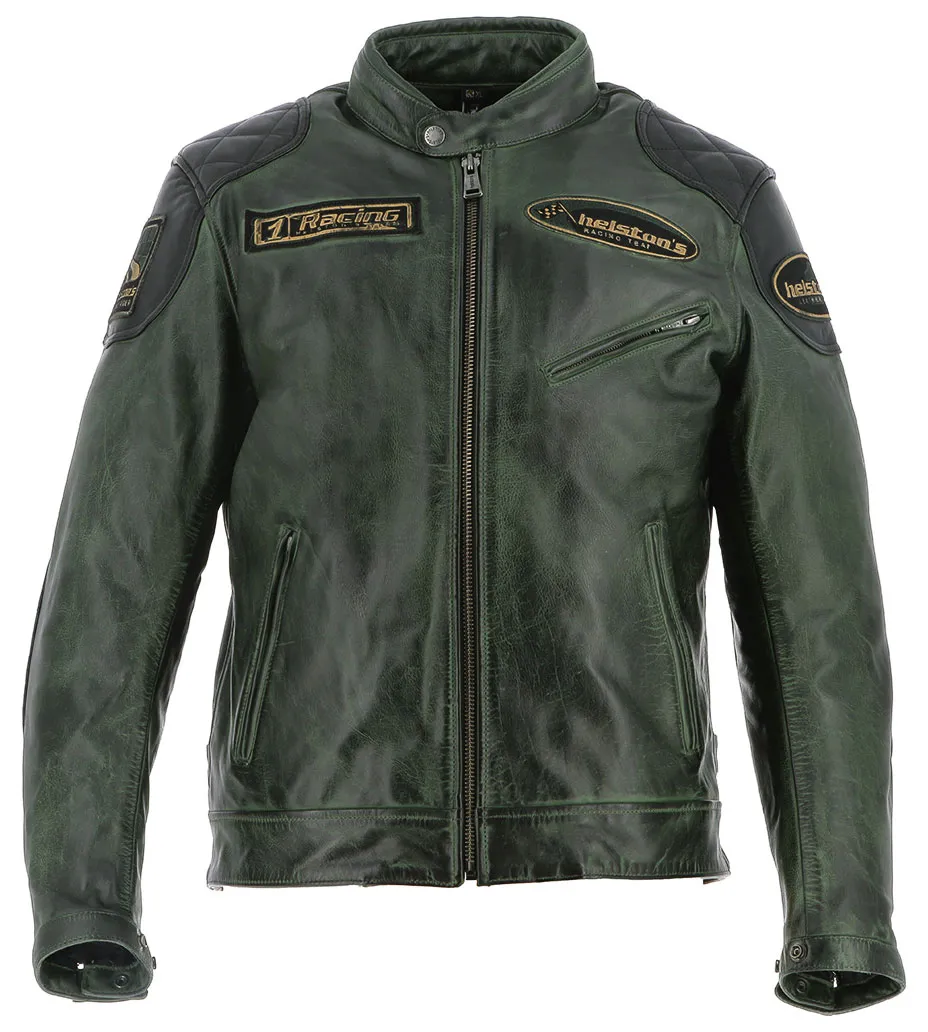 Blouson Helstons Trevor cuir rag vert noir, moto vintage