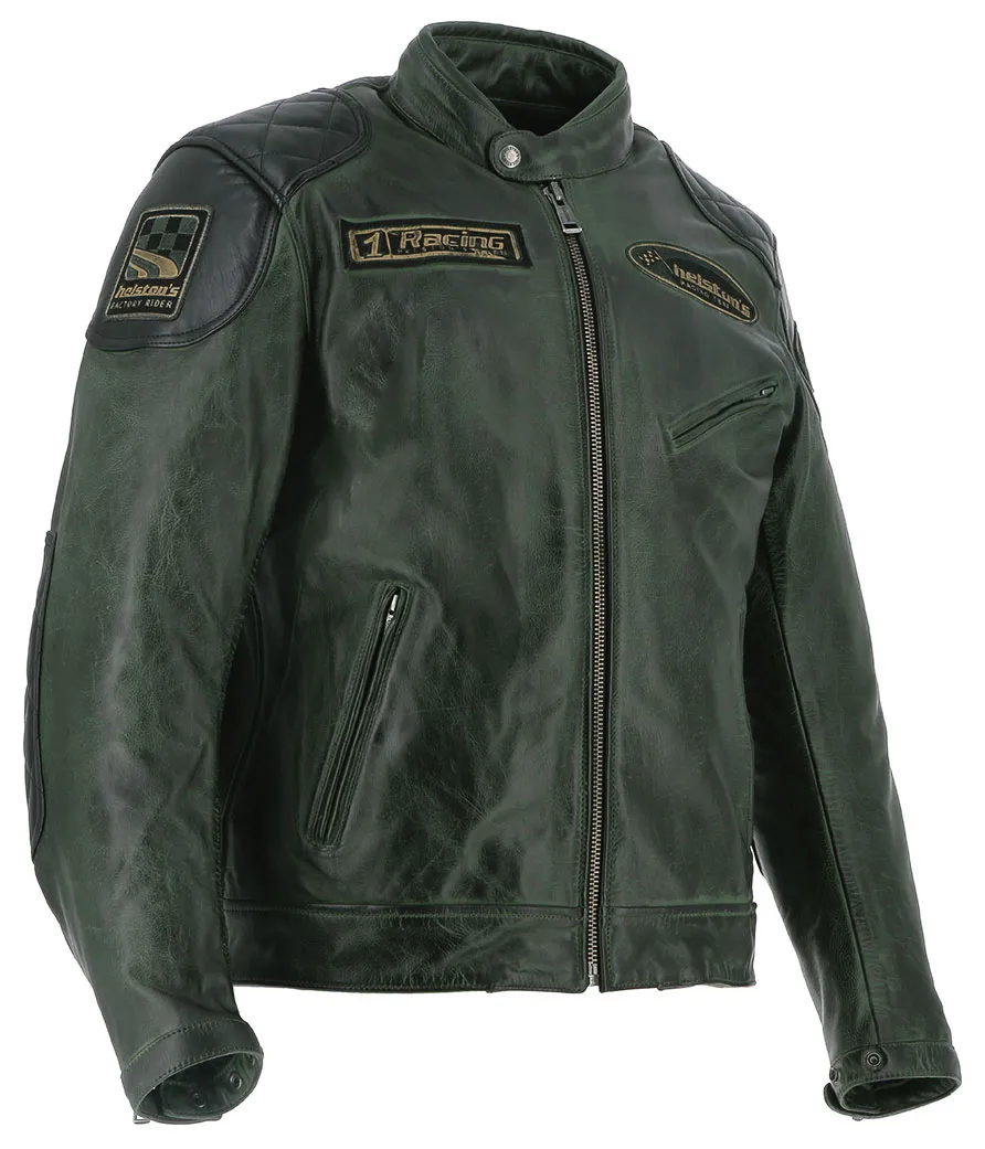 Blouson Helstons Trevor cuir rag vert noir, moto vintage