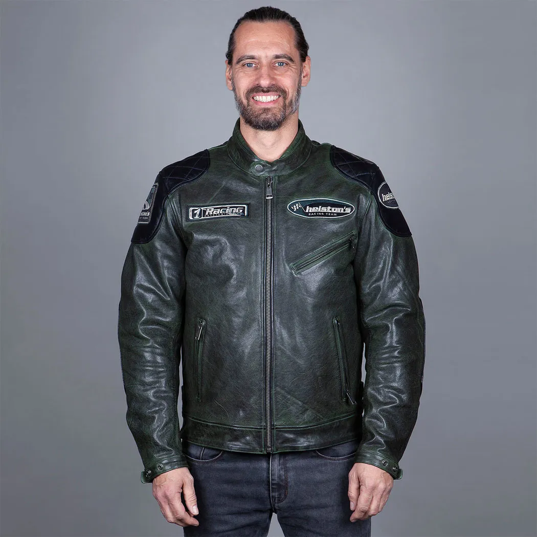 Blouson Helstons Trevor cuir rag vert noir, moto vintage