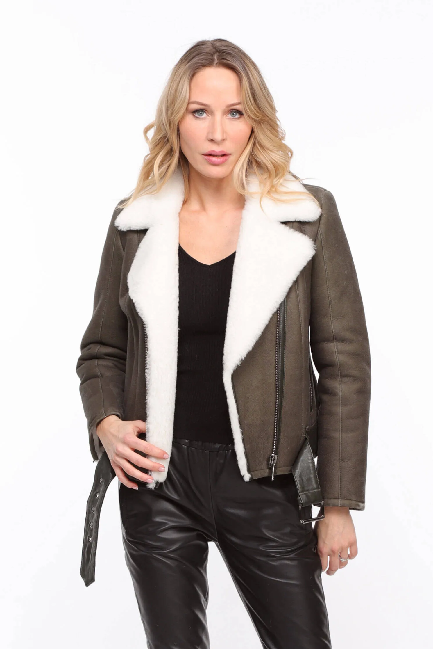 Blouson mouton kaki femme style biker