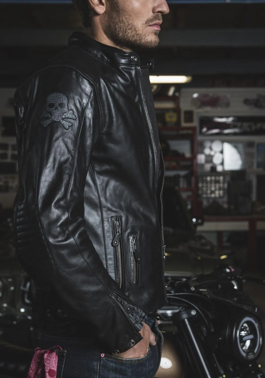 Blouson Segura Zarek, tête de mort, cuir noir, biker homme