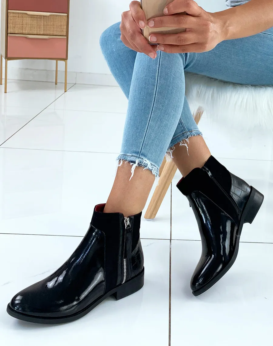 Bottines basses noires vernies bi-matières et à fermetures argentées