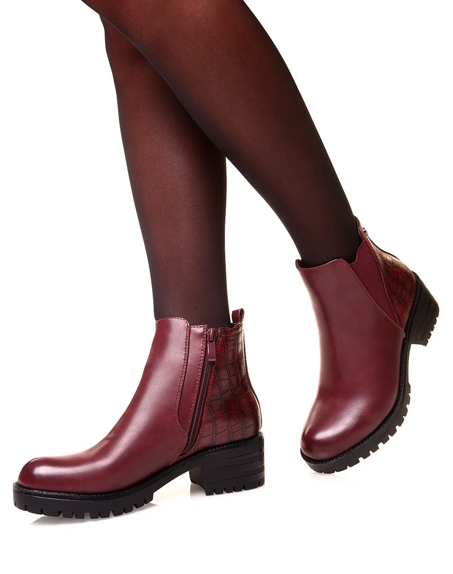 Bottines bordeaux bi-matières effet croco et élastique échancré