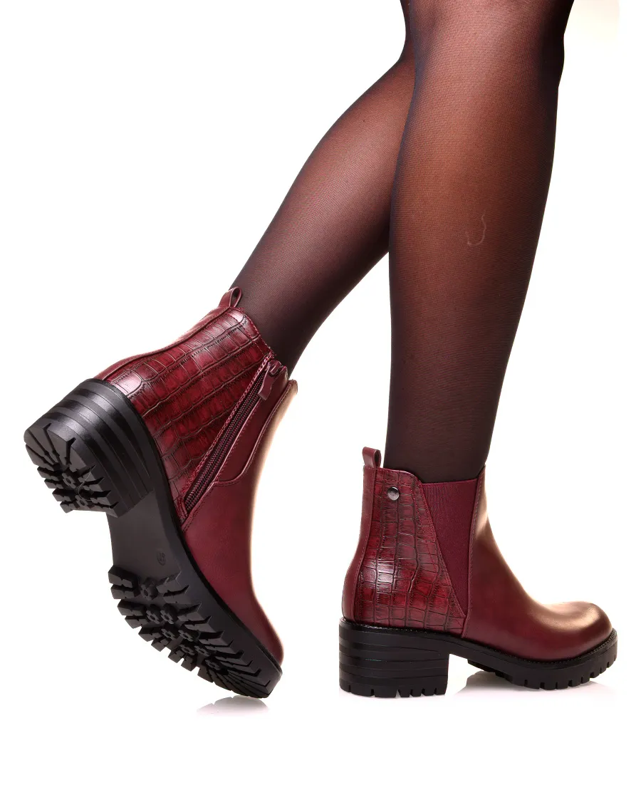 Bottines bordeaux bi-matières effet croco et élastique échancré