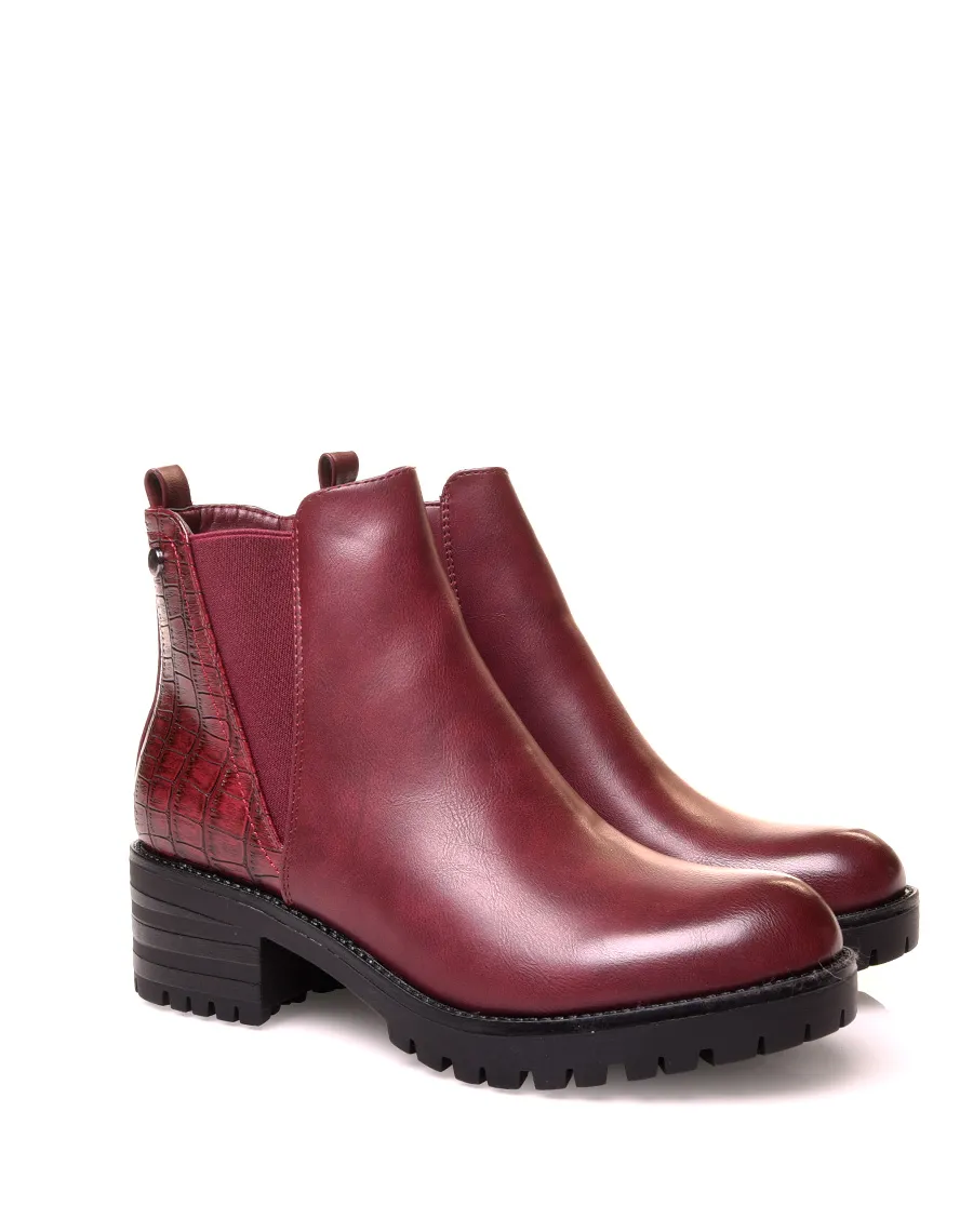 Bottines bordeaux bi-matières effet croco et élastique échancré