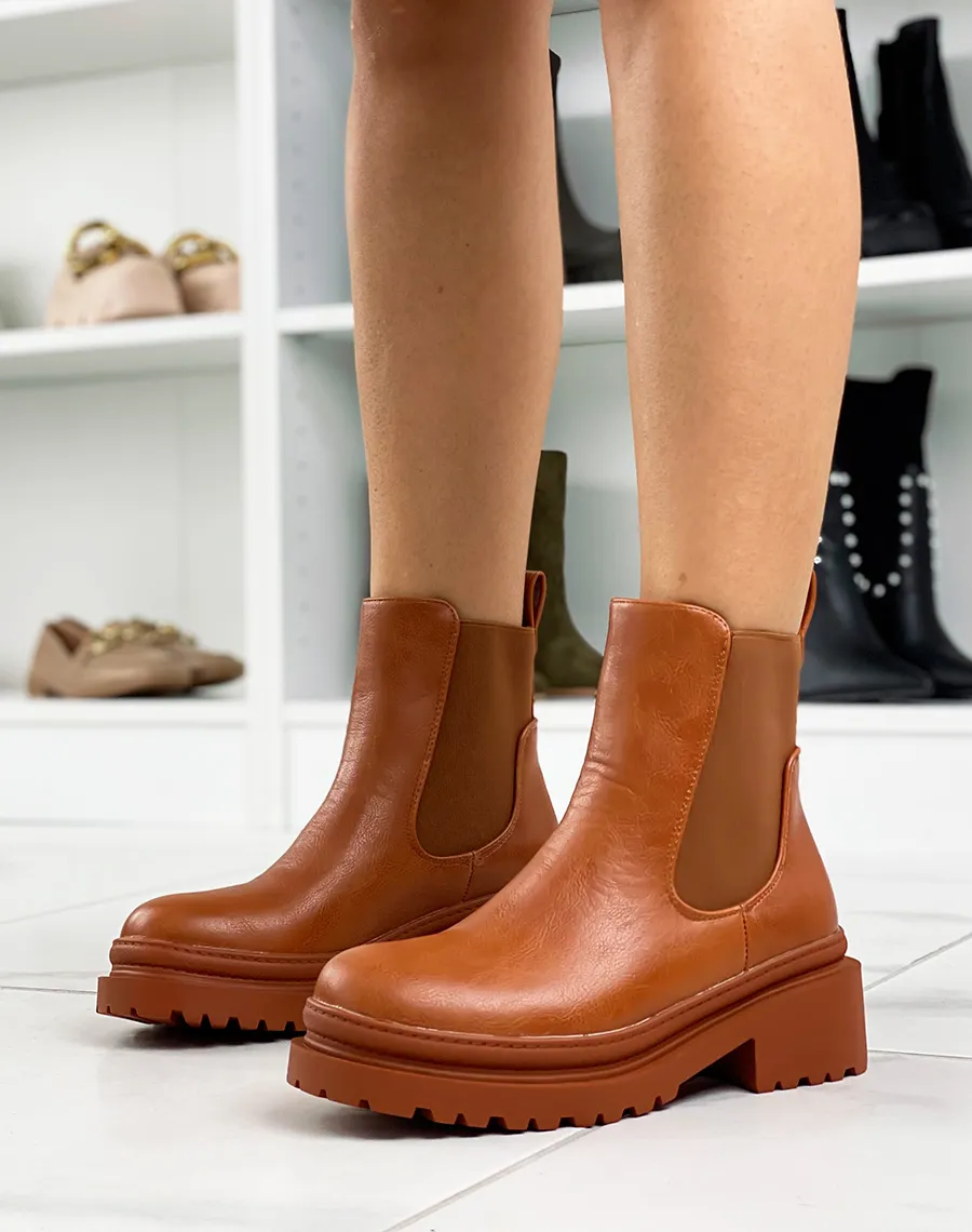 Bottines camel à élastique et semelle talonnée