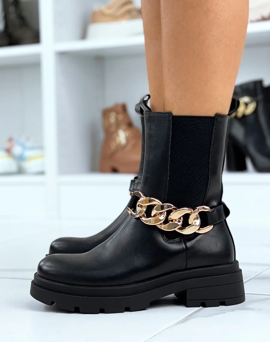 Bottines noires avec élastique et chaîne dorée