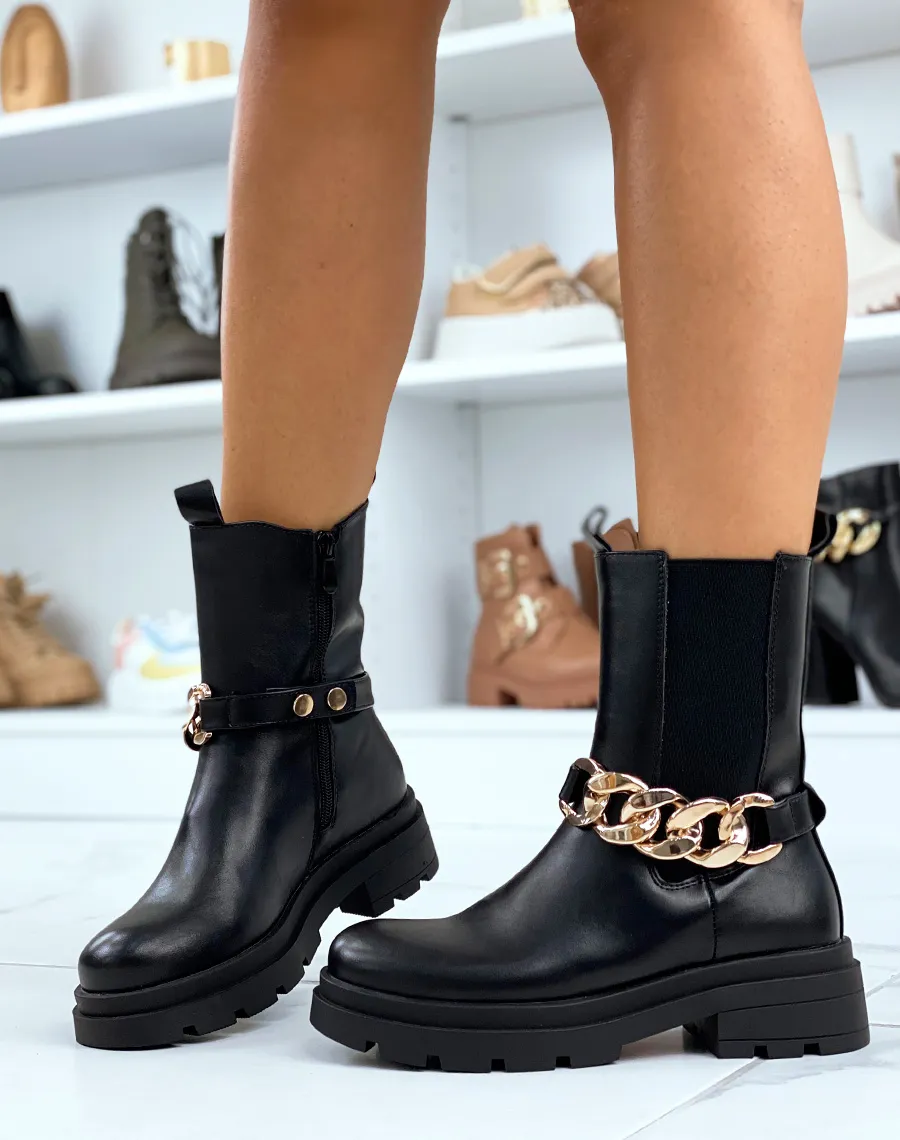 Bottines noires avec élastique et chaîne dorée