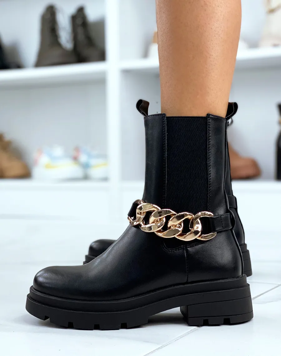 Bottines noires avec élastique et chaîne dorée