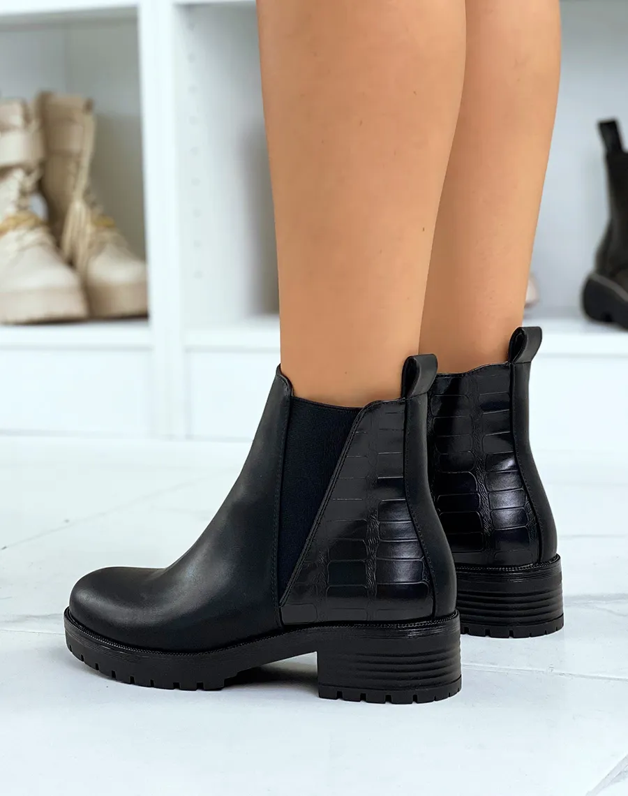 Bottines noires bi-matière à petit talon et élastique triangle