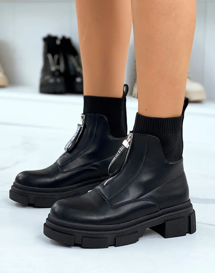 Bottines noires effet chaussette à zip et semelle crantée