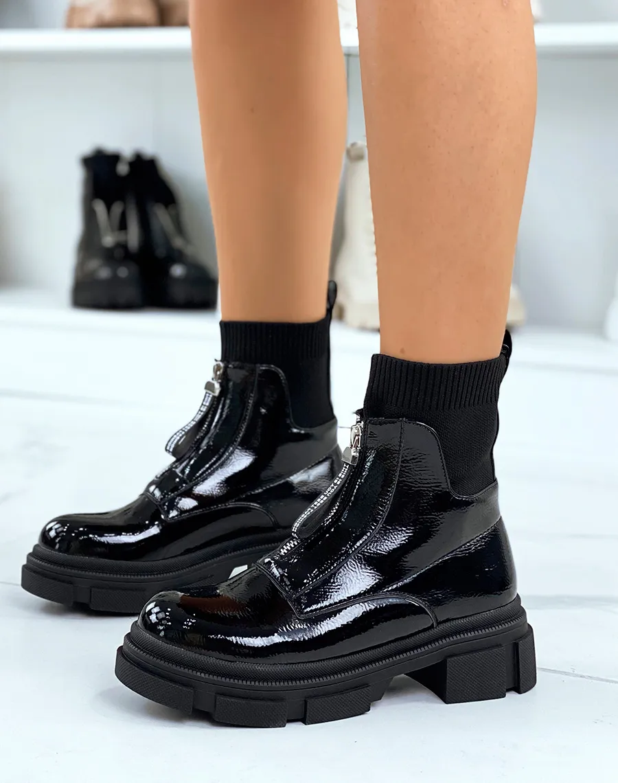 Bottines noires vernies effet chaussette à zip et semelle crantée