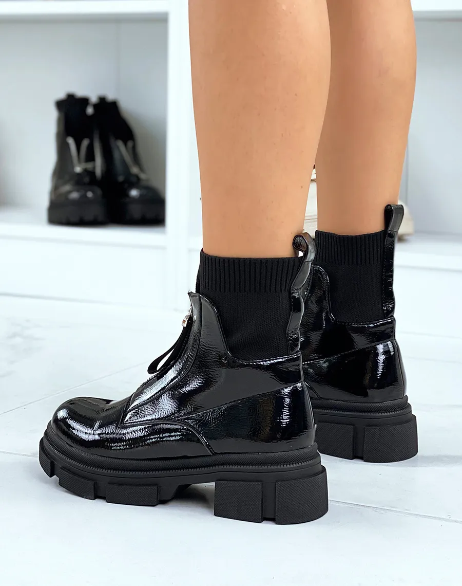 Bottines noires vernies effet chaussette à zip et semelle crantée