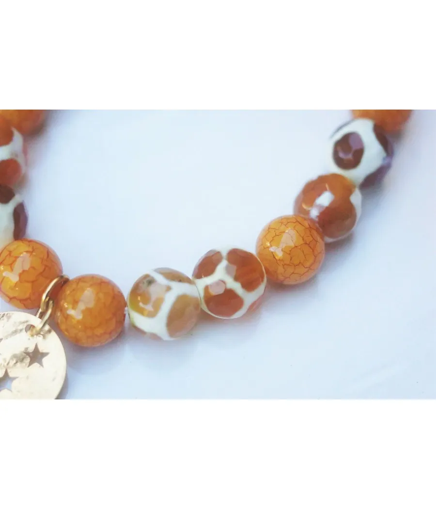 BRACELET FEMME FAIT MAIN AGATE JAUNE MOUTARDE MEDAILLON OR ETOILES