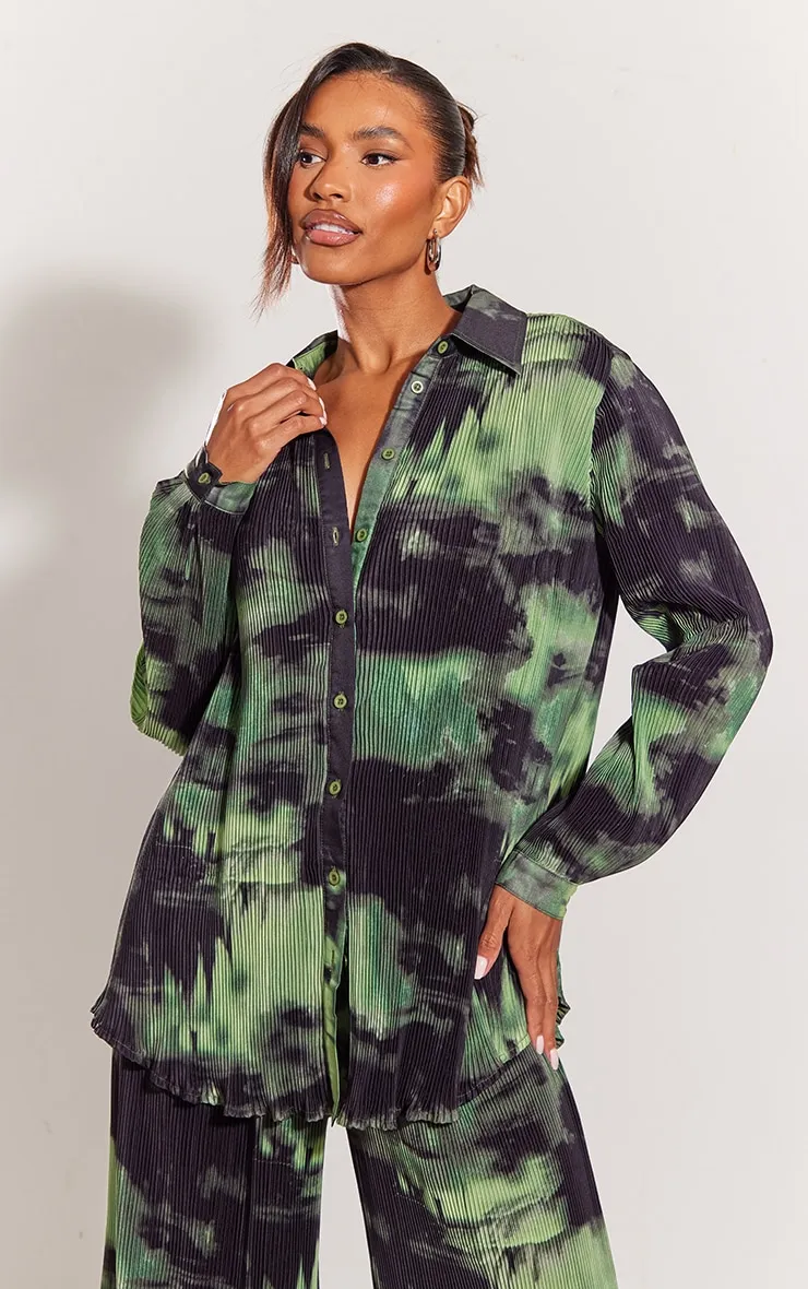 Chemise oversize plissée vert foncé imprimé abstrait à boutons devant