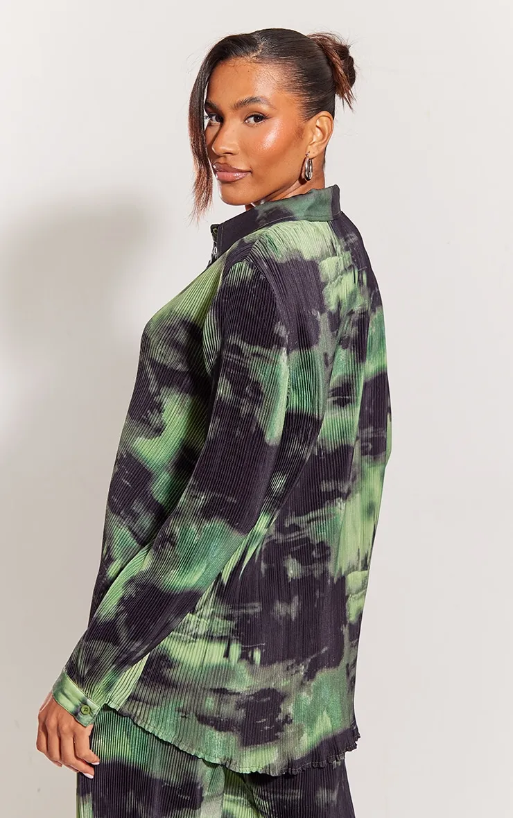 Chemise oversize plissée vert foncé imprimé abstrait à boutons devant