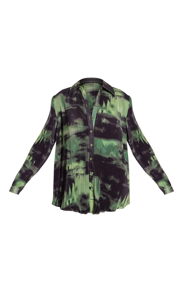 Chemise oversize plissée vert foncé imprimé abstrait à boutons devant