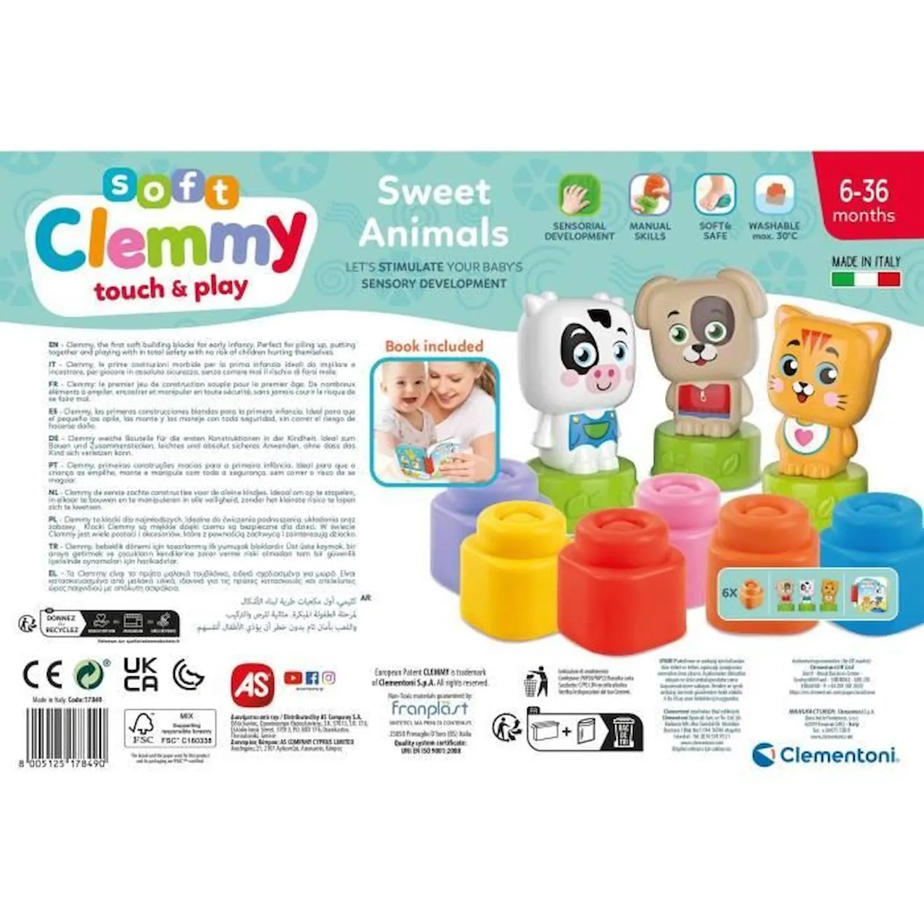 Clementoni - Cubes & Animaux Soft Clemmy - 6 cubes + 3 personnages + Livre orange - Baby born