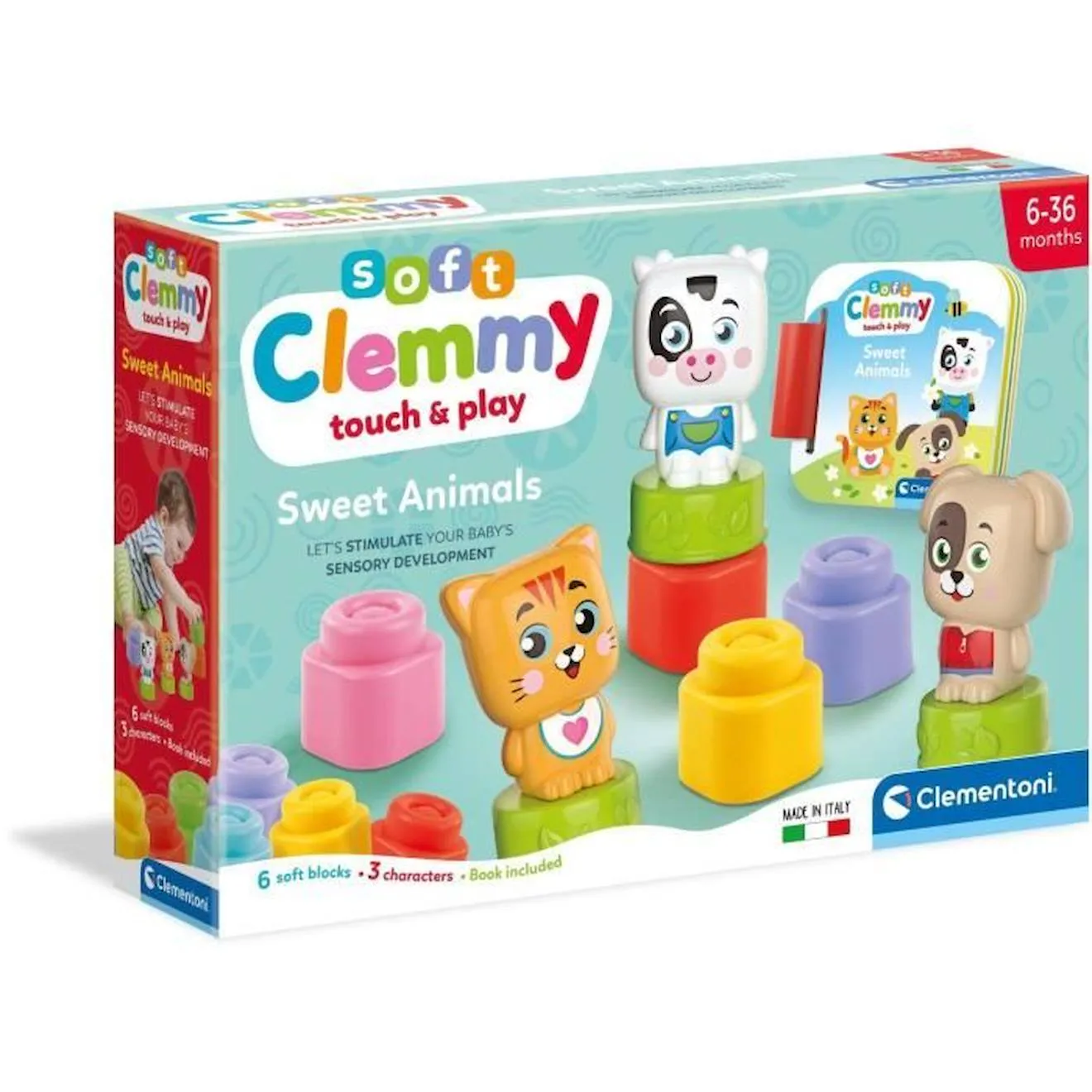 Clementoni - Cubes & Animaux Soft Clemmy - 6 cubes + 3 personnages + Livre orange - Baby born