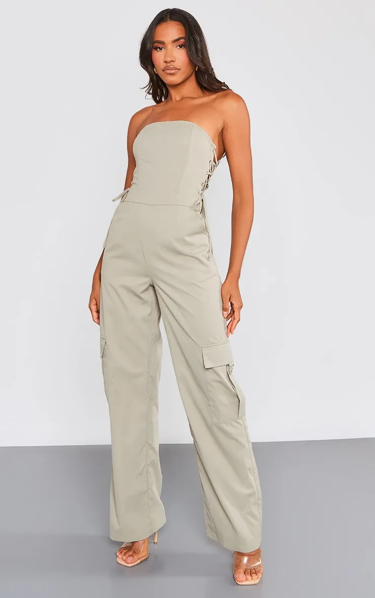 Combinaison bustier style cargo kaki à lacets et détail poches