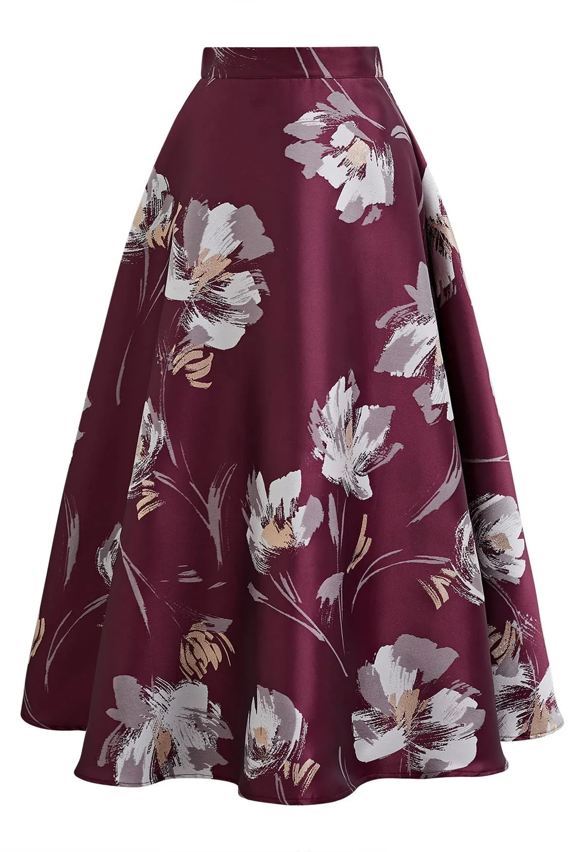 Jupe longue en jacquard floral Blooming en bordeaux