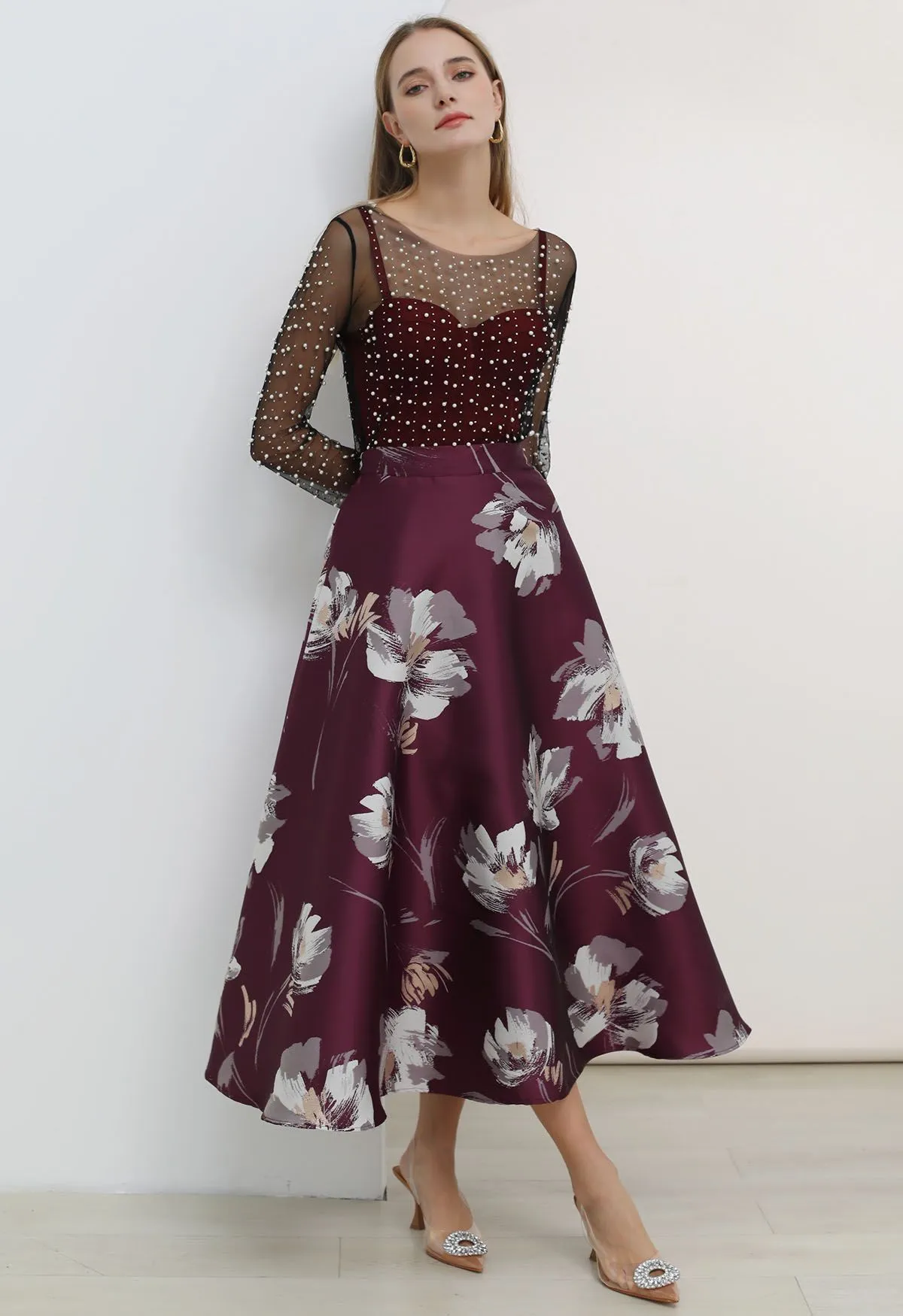 Jupe longue en jacquard floral Blooming en bordeaux