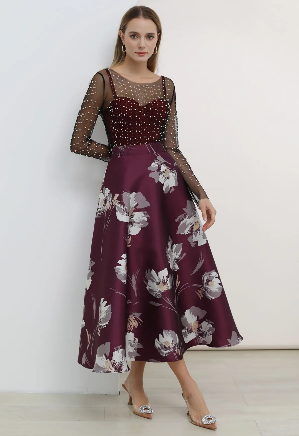 Jupe longue en jacquard floral Blooming en bordeaux