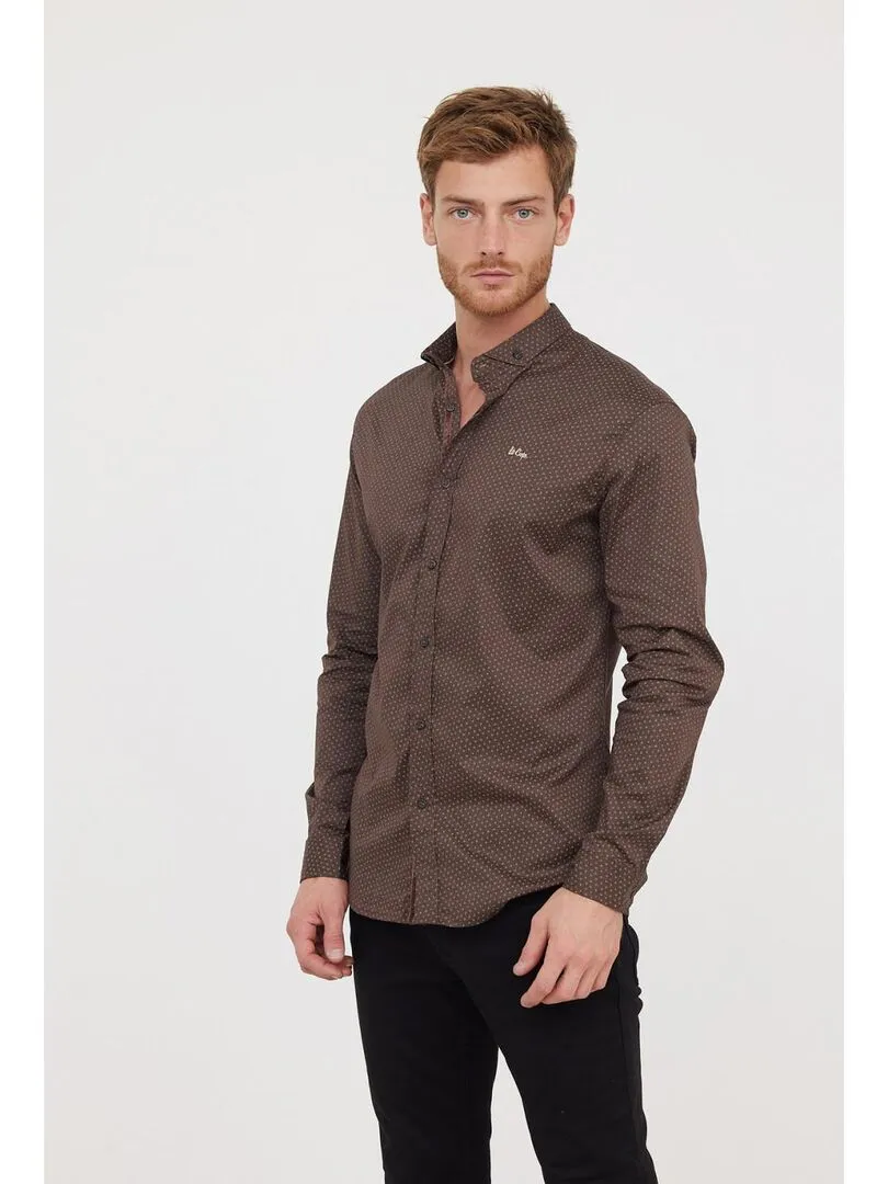 Lee Cooper - Chemise manches longues coton slim DUMY - Marron foncé