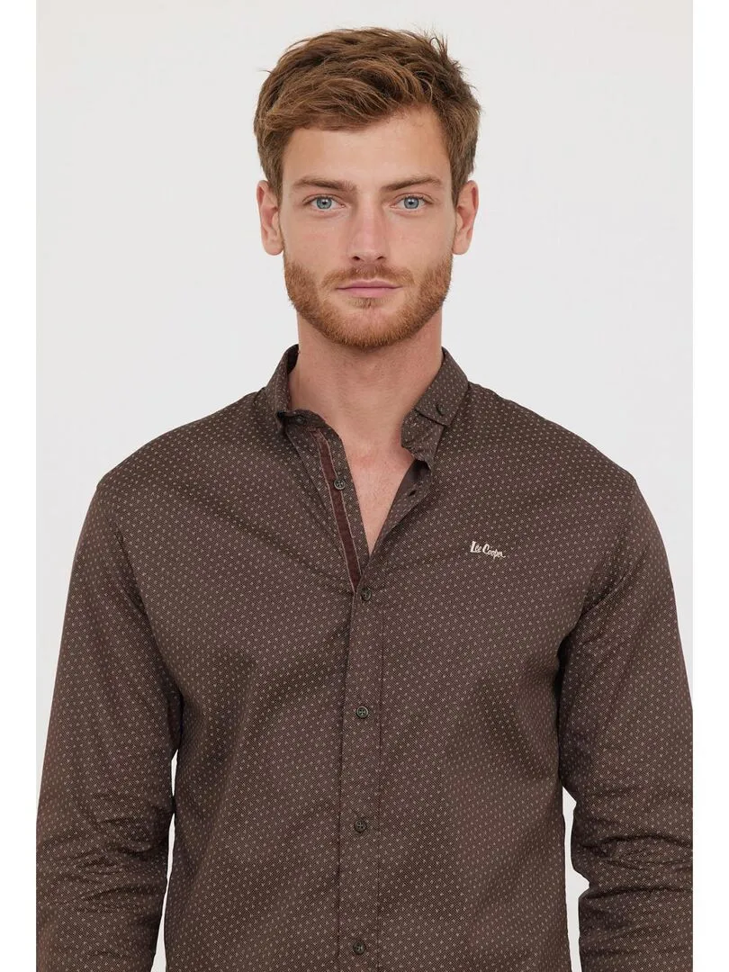 Lee Cooper - Chemise manches longues coton slim DUMY - Marron foncé