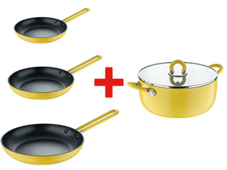 Lot poêle 20 + 24 + 28 cm + sauteuse jaune