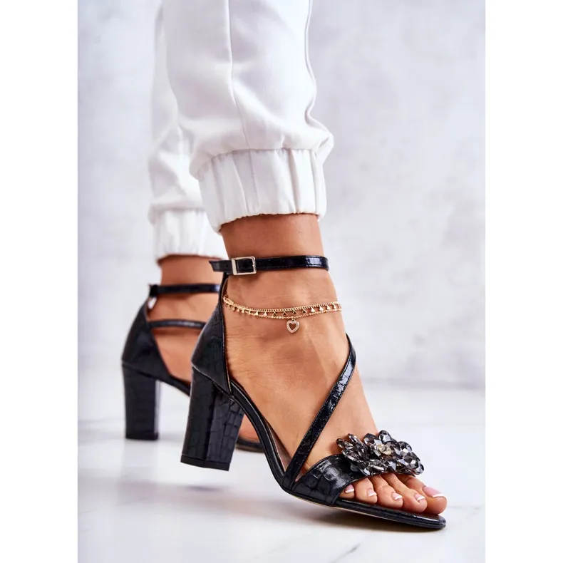 PA2 Sandales en cuir pour femmes avec cristaux Noir Ramona le noir