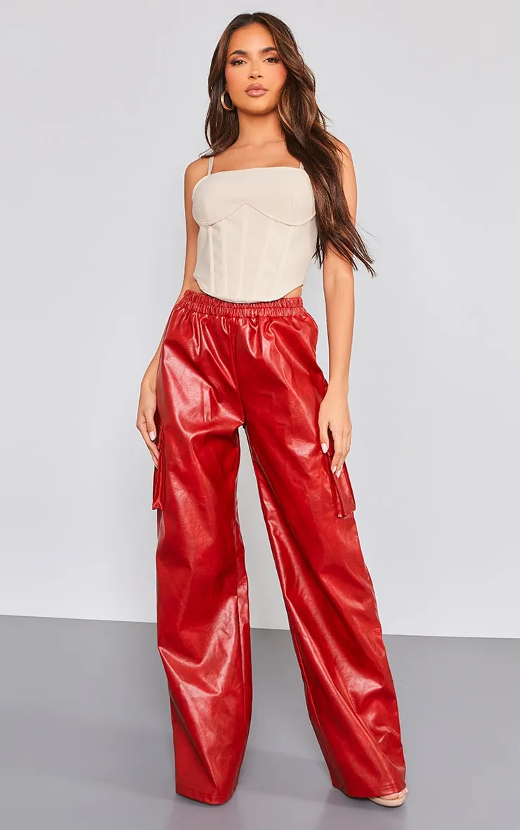 Pantalon cargo  rouge sang délavé ample à taille haute