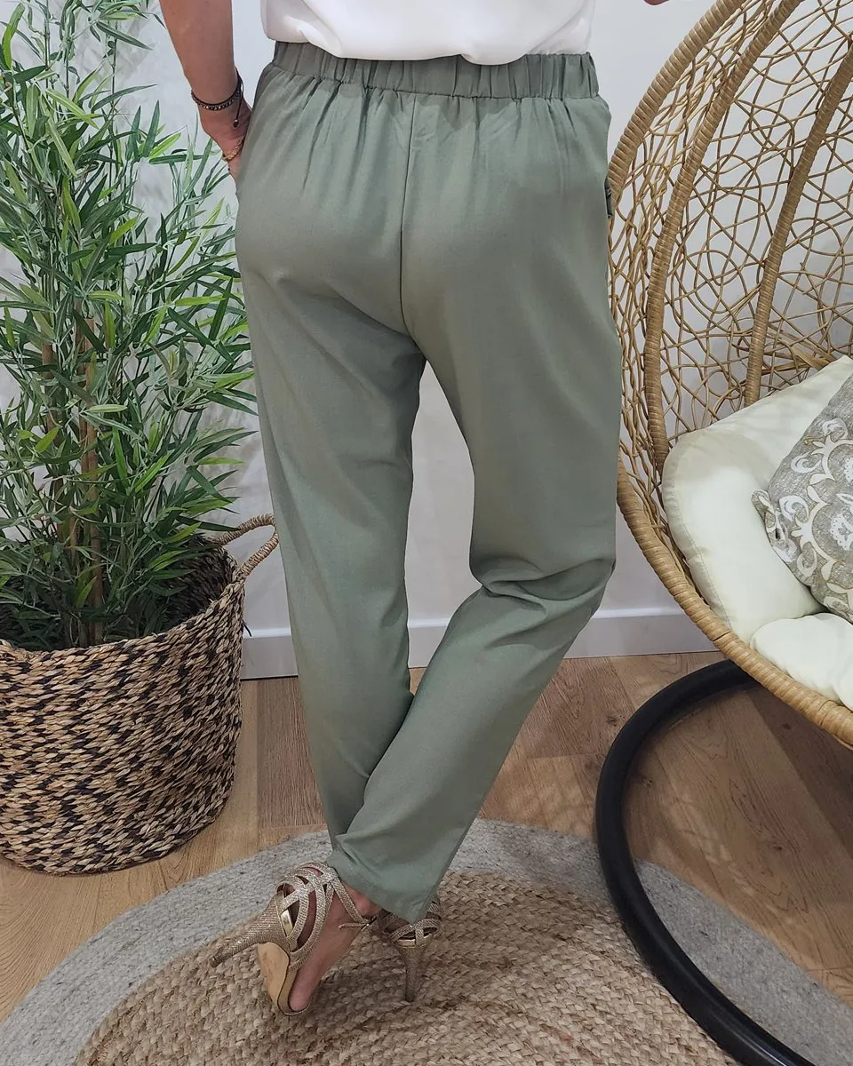 Pantalon femme fluide paper bag kaki clair poches à volants